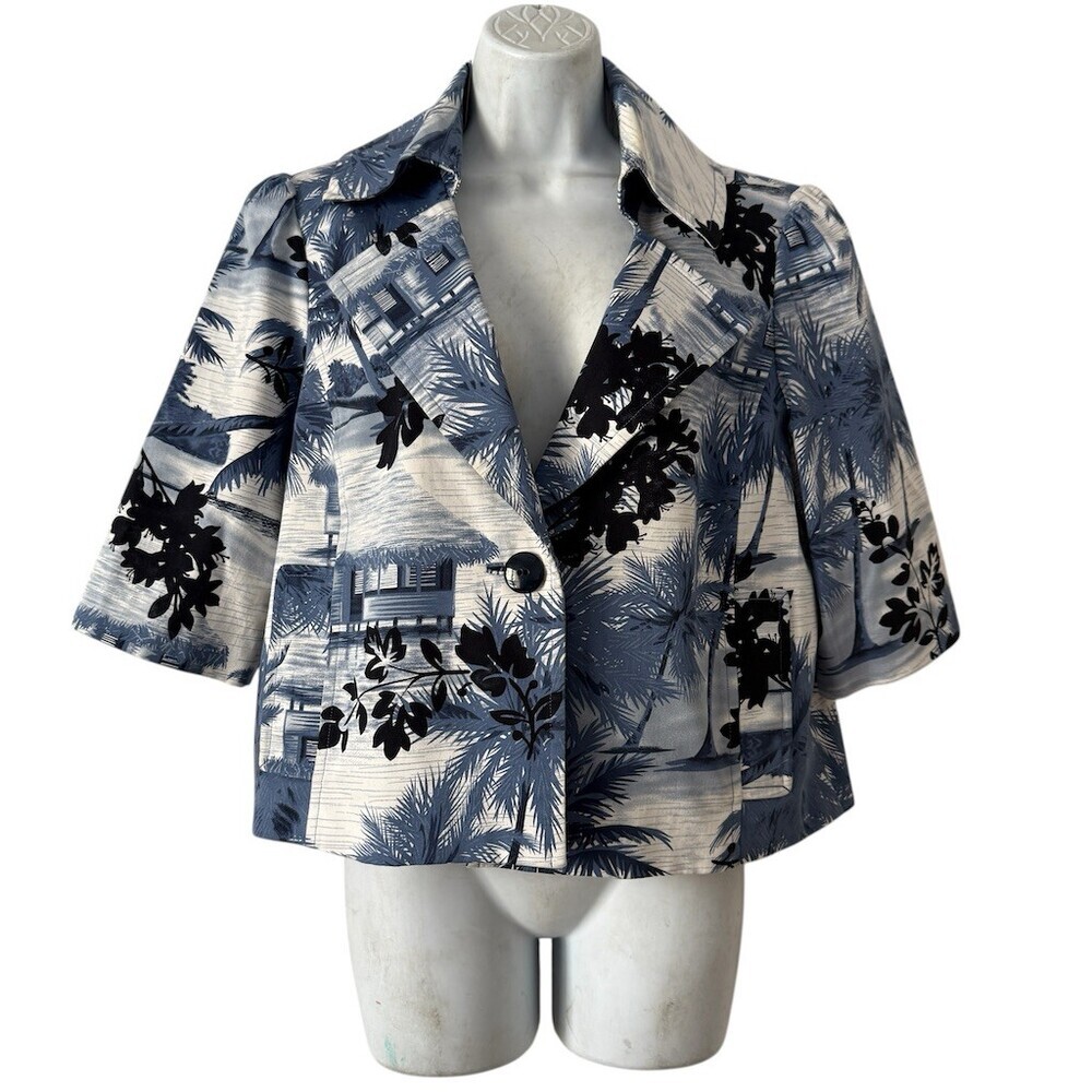 Andre Oliver Cropped Blazer Jacket 14 Tropical Print Blue Resort Wear Tropical